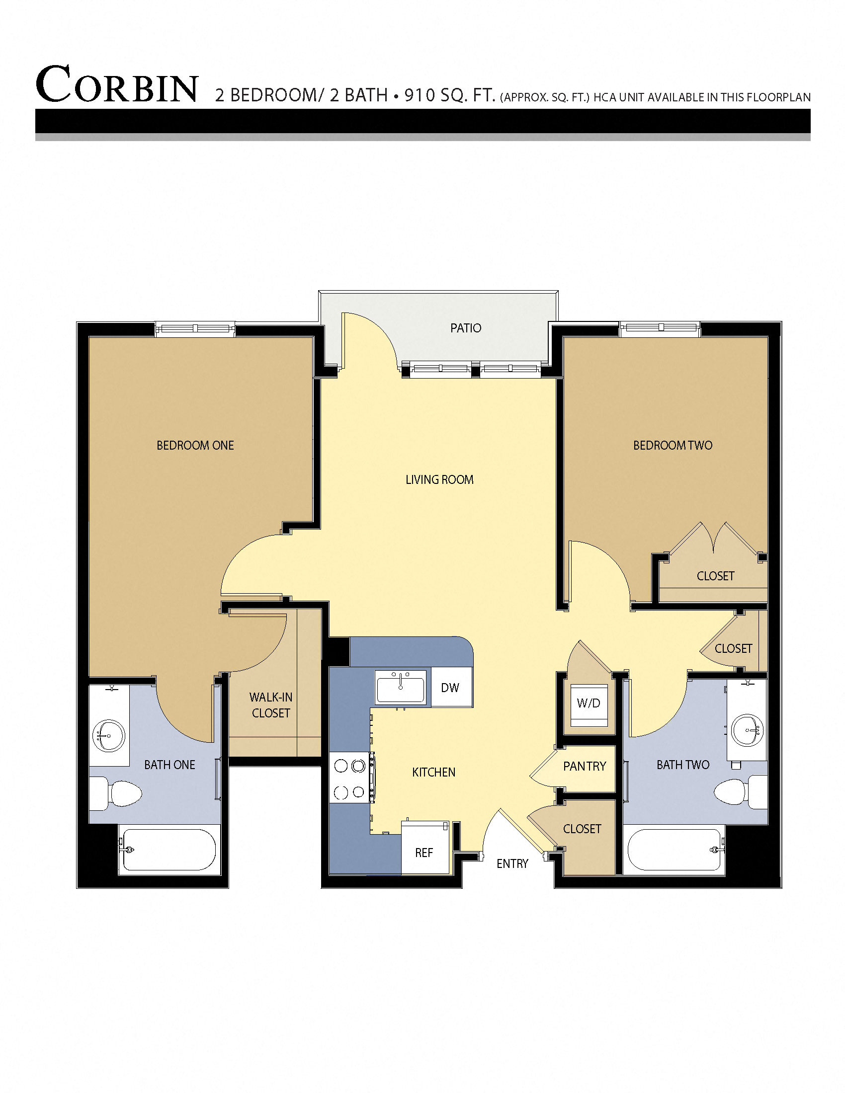 Floor plan for 2 beds, 2 baths, 910 sqft